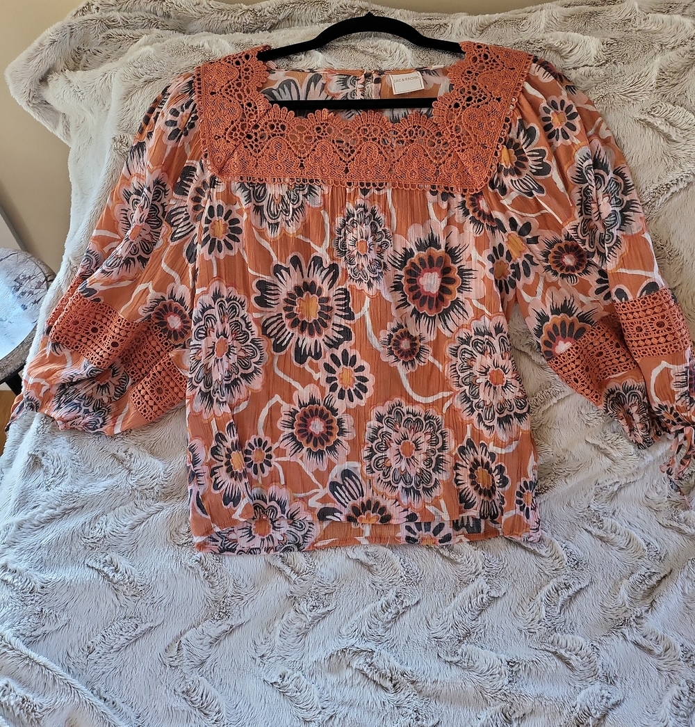 Zac & Rachel Peach Floral Crochet Yoke Blouse